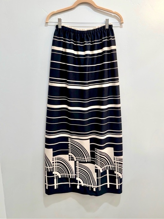 Vintage Dresses & Skirts - Vintage 70s Art Deco Geometric Maxi Skirt Black Cream Striped Mid Century M